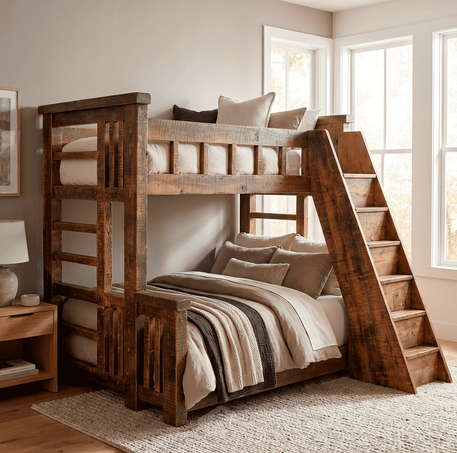 Rustic timber bunk bed with a built-in staircase in a bright bedroom