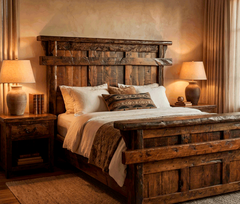 Custom king bed with a reclaimed wood headboard and footboard, dressed in layered neutral linens