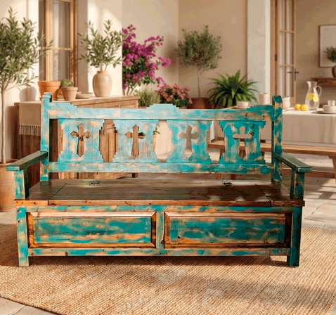 Hand-painted turquoise storage bench with carved cross cutouts in the back on a sunlit patio