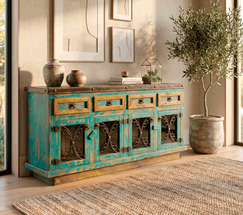 Hand-distressed turquoise sideboard with wrought iron scroll door panels and brass-toned drawer fronts