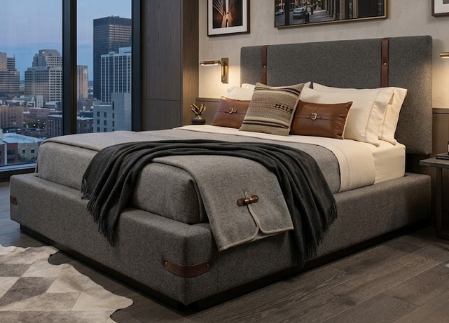 Upholstered gray wool platform bed with leather straps and buckle details